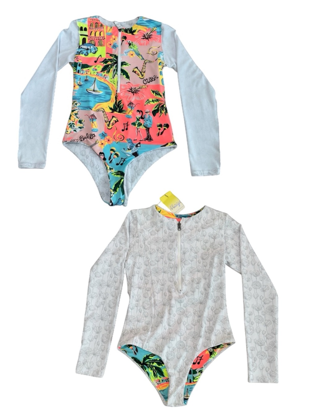Maaji Neon Cuba Beach Design Long Sleeve REVERSIBLE One Piece Swimsuit